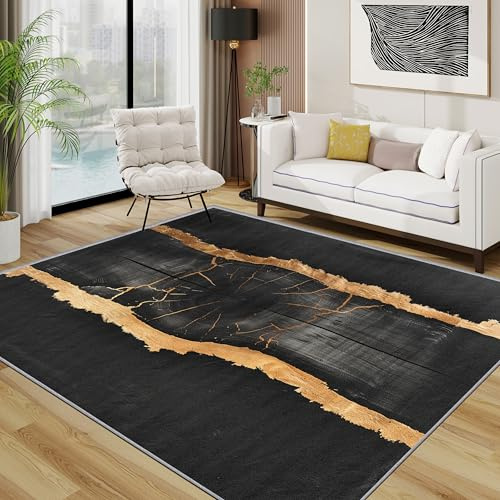 TerroVee Baumstamm Optik Teppich Waschbar, Luxus Vintage Einzigartig Teppich 80x150 cm, Einfach schwarz Gold rutschfest Waschbar Pflegeleicht Teppiche Für Schlafzimmer Küche, Gold Schwarz