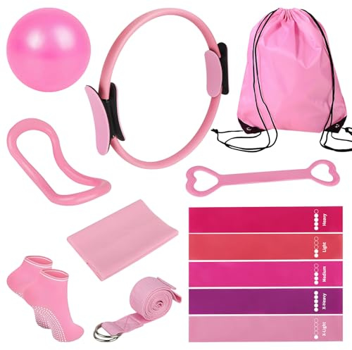 Bindokun Pilates Set, 13 Teiliges Pilates Essential Kit für Frauen, Pilates Zubehör Set mit Pilates Ring, Yoga Ball, Fitnessbänder, Grip Socken, Pilates Set für Zuhause Bauch Beine Po Studio-Workout