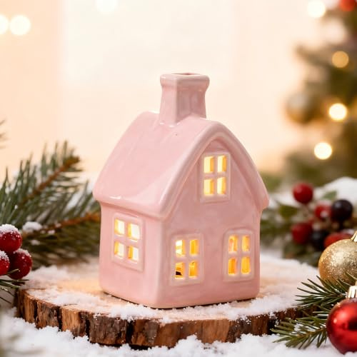 Winterhaus deko Teelichthaus aus Porzellan Häuser Kerzenhalter,Keramik Weihnachtshaus Teelicht Kerzenhalter,Weisse Häuser aus Keramik Deko Adventskerzenhalter Häuschen für Teelichter (Rosa)