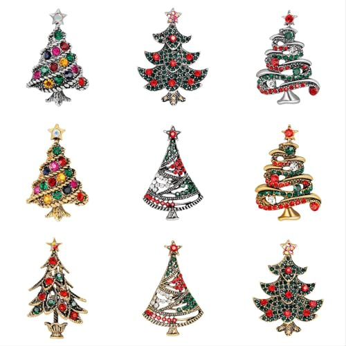 10 Stück Weihnachtsbaum Broschen Korsage,Strass Brooch Weihnachten Geschenk Dekoration Anhänger,Damen Vintage Kristall Fröhlicher Weihnachten Weihnachtsbaum Brosche Pin