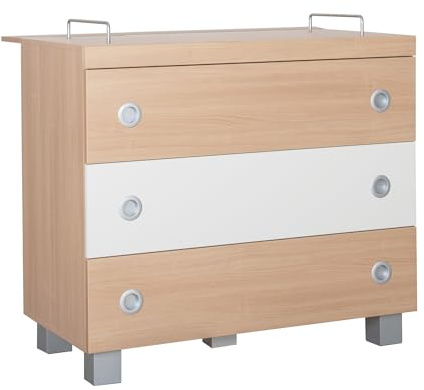 Wickelkommode Leonie B105xH93xT75 cm Holz Ahorn/Weiß, Wickeltisch 3 Schubladen, Wickelschrank silberne Ausziehknöpfe, Kommode für Babys mit viel Stauraum, obere Ablagefläche zum Wickeln L105xB75 cm