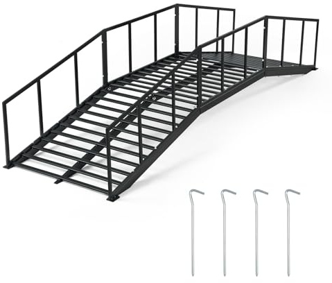 OLBRUS Metal Garden Bridge 8 FT with 4 Ground Stakes, 770 lbs Capacity Black Powder Coated Footbridge for Backyard, Lawn, Creek, Stream & Garden Decor