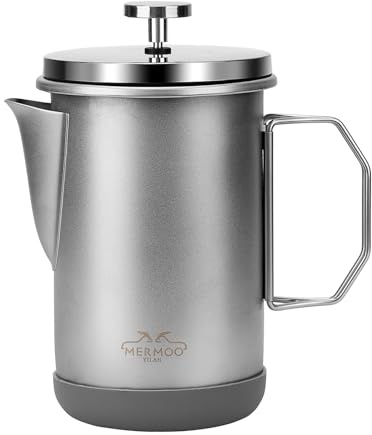 MERMOO YILAN French Press Kaffeebereiter aus Edelstahl 32oz (1L) für 4-6 Tassen, 3-fach Filtersystem für kaffeesatzfreien Genuss, Klappgriff und Silikonfuß für Camping, Wohnmobil und Zuhause(Silber)