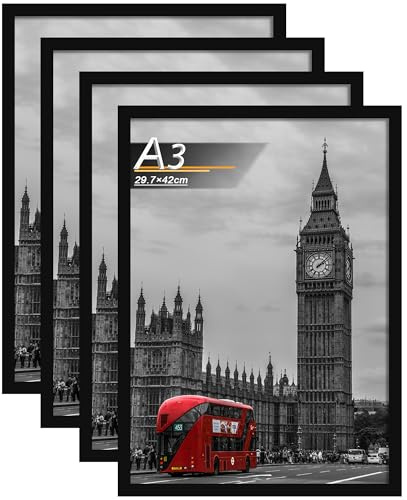 Tinkeps Bilderrahmen A3 Schwarz 4er Pack, MDF | Rahmen 29,7x42 cm, für Fotos, Poster, Kunstbilder, Wandmontage, Hoch- und Querformat, mit Acrylplatte, Zuhause, Büro, Galerie