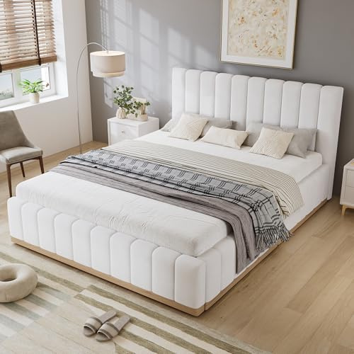 ModernLuxe Upholstered Double Bed, 4FT6 Bed Frame with Soft Padded Headboard and Sturdy Slatted Base, PU Upholstery with MDF and Plywood Frame, Beige, 135 x 190 cm
