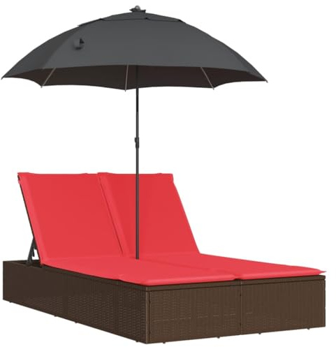 Fisinber Lettino doppio con ombrellone e cuscino, per 2 persone, in polyrattan, con schienale regolabile in 4 posizioni, per giardino, terrazza e piscina