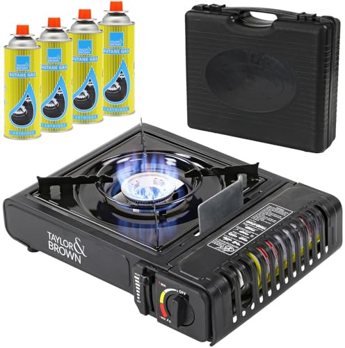 Taylor & Brown Black Portable Camping Stove with Cary Case & 4 Butane Gas | EN417 Compliant Premium Camping Stove Gas Portable | with Automatic Ignition & Heat Control