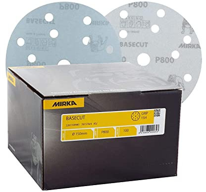 Mirka Basecut Hook'N'Loop HookIt 150mm / 6 Sanding Discs - Box 100 6 Abrasive P800 Grit Super Fine Automotive Refinishing Sandpaper Sanding Discs 15 Hole Vacuum Dust Extraction System