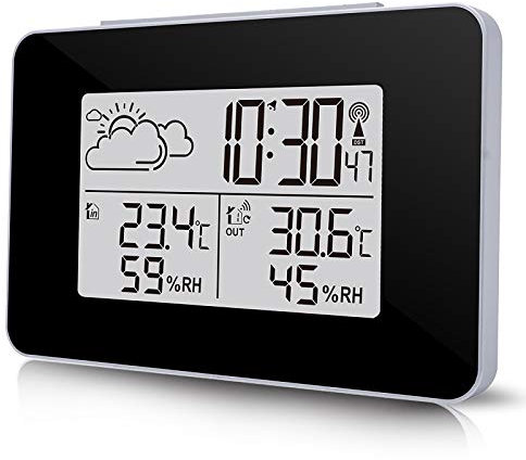 ALLOMN Funk Wetterstation, Multifunktionale Digitale Wettervorhersage mit Außenwetterprognose/Temperatur/Luftfeuchtigkeit/Hintergrundbeleuchtung/Alarm Schlummerfunktion (Schwarz)
