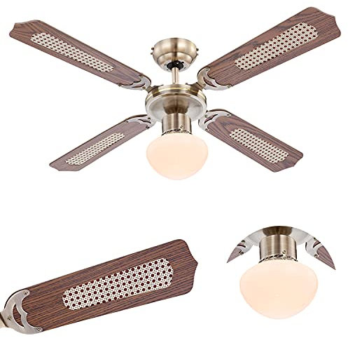 Deckenventilator mit Beleuchtung Leise Zugschalter Deckenleuchte mit Ventilator (3 Stufen, Deckenlampe, 106 cm, Rechts Links Lauf, Messing)