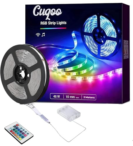 CUQOO LEDs TV LED Strip Lights 2m | RGB Colour Changing Music Sync Remote | BATTERY POWERED INDOOR: bedroom lighting · gaming room · app control · adhesive · DIY-friendly · multicolour