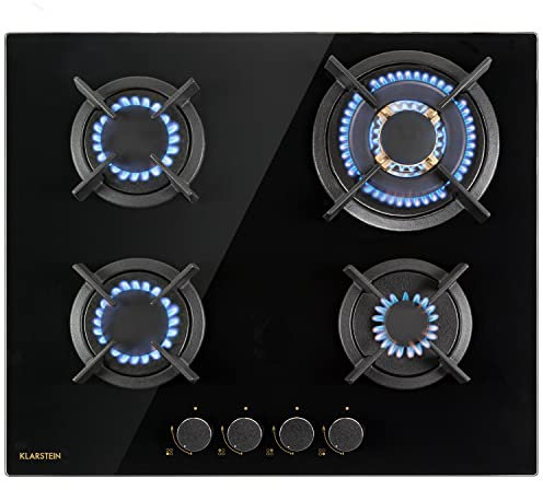 Klarstein Piano Cottura 4 Fuochi, per Fornelli a Gas, Integrato 8000W, in Vetro e Acciaio Inossidabile