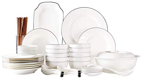 MYYINGBIN 44 Pièces Ensemble De Dîner en Porcelaine Ligne Noire Blanche Pot De Soupe en Céramique Cuillère Assiette à Poisson Assiette Plate Bol Assiette à Sauce