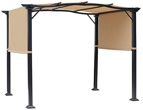 Outsunny Outdoor Retractable Pergola Garden Gazebo with Two Adjustable Side Canopy Overhead Sun Shade Backyard Canopy Cover, Steel Khaki 2.96x2.45x2.3m