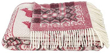 ÖJBRO VANTFABRIK Dalarna gewebte Wolldecke mit Fransen 130x200 cm rot/beige/schwarz 100% Schafwolle Strick-Plaid Tagesdecke Quilt warm weich - Hergestellt in Schweden