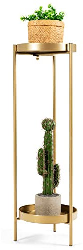 RELAX4LIFE 2-stöckiger Pflanzenständer, Runder Blumenständer aus Metall, Blumenhocker bis zu 15 kg belastbar, Blumensäule für Innen- und Außenbereich, Blumenhalter mit Ablage (Golden, 25 x 80 cm)