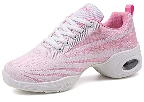 Chaussures de Sport Jazz pour Femmes Fille Baskets de Danse Semelles Divisées Moderne Dance Chaussures Fitness Chaussures D'entraînement Blanc/Rose 36