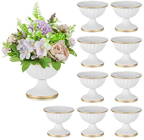 Sziqiqi Vase Weiß Kleine für Hochzeit: 9.5cm Hoch Metall Urne Vasen Set of 10 - Blumentopf Weiss für Tischdeko - Vintage Blumenvase für Party Taufe