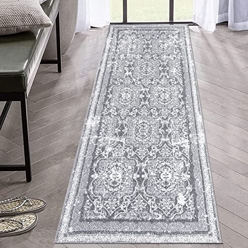 Enyhom Tappeto passatoia per corridoio, super morbido, stile bohémien, extra lungo, antiscivolo, lavabile in lavatrice, per soggiorno, ingresso e lavanderia (60 x 180 cm, grigio)