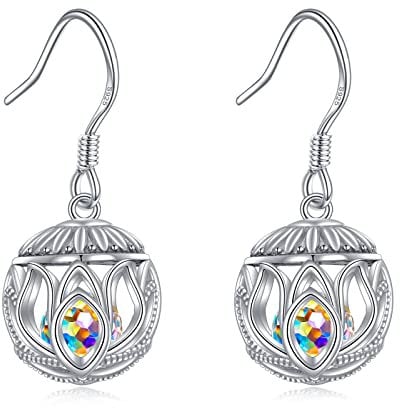 POPLYKE Sterling Silber Filigran Lotus Blume Aurora Borealis Kristall Hoop Dangle Drop Ball Ohrringe Schmuck