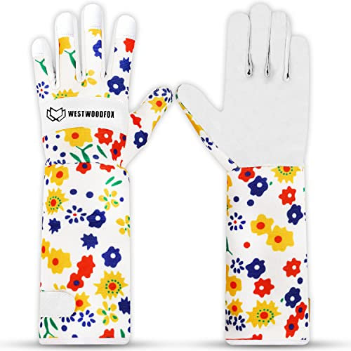 WESTWOOD FOX Leder Gartenhandschuhe Lange Unterarmschutz Ärmel dornsichere Arbeitshandschuhe Rose Beschneiden Garten Sicherheit Atmungsaktiv Langlebig Dicke Handflächenhandschuh (Weiß, L)