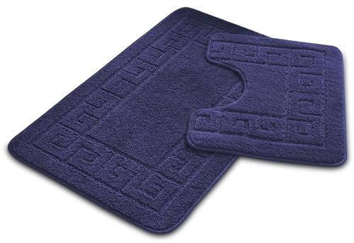 VELVETIO Bath Mat Set 2 Piece Machine Washable for Bathroom, Jacquard Greek Non Slip Quick Dry Shower Rugs & Bathtub Mats, Highly Water Absorbent 100% Polypropylene Toilet Rug Sets, Navy