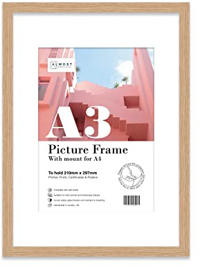 Almost Frameless A3 Oak Picture Frame With Mount for A4 (21 x 29.7cm -8.3 x 11.7in) Poster, Photo, Artwork, or Print. Thin Edge Slim Frame Portrait and Landscape Display with Wall Hooks