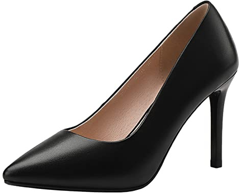 Jamron Mujer Cuero Genuino 9CM Tacones Altos Elegante Puntiagudo Pumps Zapatos de Oficina Negro SN602C015-3 EU37