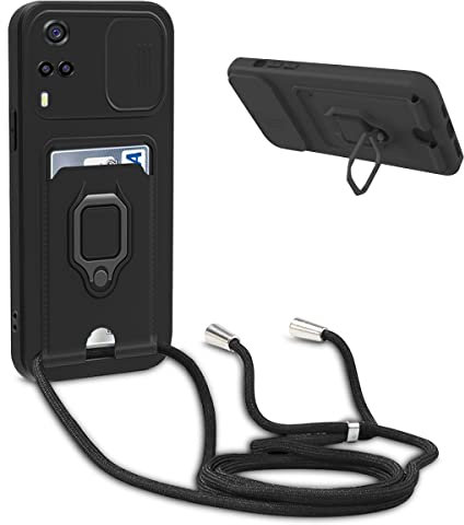 Bigcousin Handykette Hülle kompatibel mit vivo Y72 5G/vivo Y52 5G/vivo Y53s,Verstellbarer Halskette Handyhülle mit Band,Kartenfach Soft Silikon Case,Schwarz
