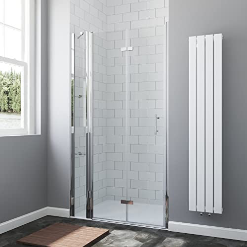AQUABATOS® 95 x 195 cm Faltbare Duschtür in Nische Nischentür Dusche Nischenfalttür Falttür mit Festteil und Eckregalen Duschablagen aus 6 mm ESG Nano Echtglas