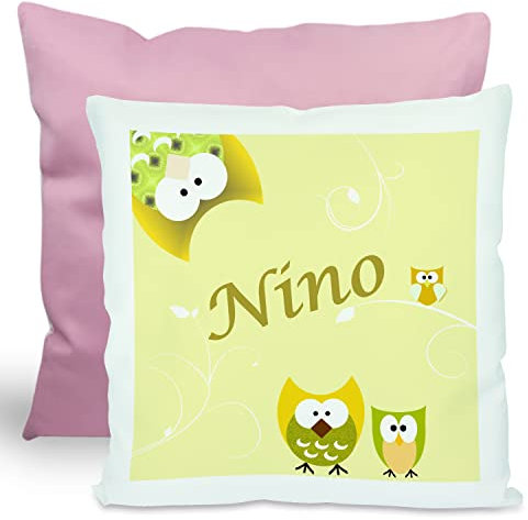 CreaDesign, Kinder Kissen 40x40 cm personalisiert mit Namen, Kinderzimmer Deko Kissen Kinder mit Füllung Federn, Motiv Eule grün, Rückenfarbe Rosa