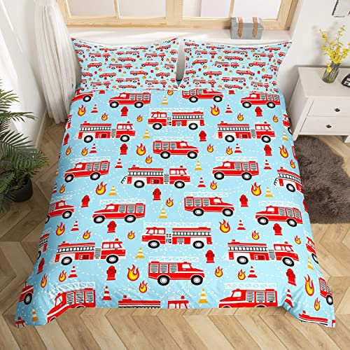 Homewish Feuerwehrauto Bettwäsche Set 135x200 für Jungen Schlafzimmer Dekor,Rote Feuerwehrmann Auto Deko Bettbezug Feuerwehrauto Fahrzeug Feuerwehr Blaue Tröster Abdeckung Dekor Bettwäscheset