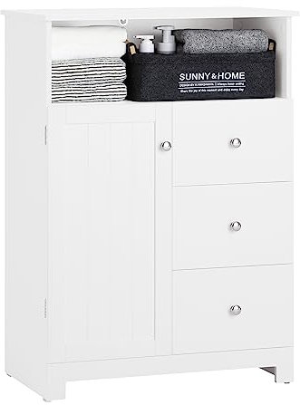 SoBuy Meuble de Rangement Salle de Bain, Meuble Demi-Colonne, Meuble Bas, Armoire Toilettes WC, Placard pour Salon, Cuisine ou Entrée avec 1 Niche, 1 Porte et 3 Tiroirs, Blanc, 58x33x86 cm, BZR107-W