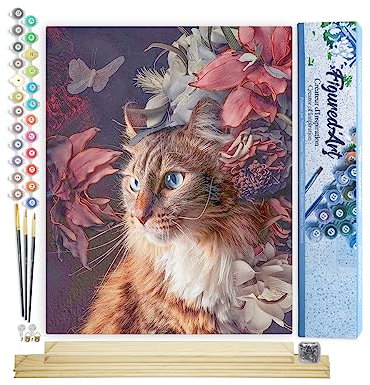 Figured'Art Peinture par Numéro Adulte Chat Fleurs et Papillon - Activité Manuelle Kit de Loisir Créatif DIY Numéro d'Art Complet - 40x50cm avec châssis en bois à monter