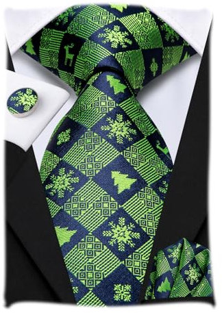 Hi-Tie Herren Weihnachtskrawatte Set Krawatte Einstecktuch Manschettenknöpfe Set Match Rentier Schneeflocke Xmas Baum Muster für Hochzeit Prom,Grüner Wald