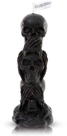 Flanacom Totenkopf Kerze mit Rosmarin Duft Schwarz 6.5 x 5.5 cm 30h Brenndauer Halloween Deko Outdoor Heavy Metal Geschenk Gothic Home (Totenkopf Schwarz)