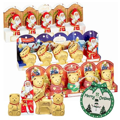 Lindt Christmas Chocolate Gifts for Kids - Milk Chocolate Pack of 3 x 50g Santa Sleigh, Golden Teddy's & Santa Chocolate Bulk Buy & Tree Decoration for Christmas Gifts, Stocking Fillers