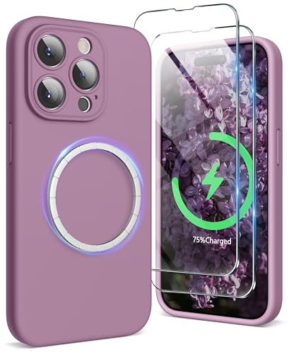 SURPHY für iPhone 15 pro Hülle Silikon (6,1) kompatibel mit MagSafe mit Displayschutzfolie & Vollständiger Kameraschutz, Handyhülle iPhone 15 pro Case mit Magnete, Flieder Lila