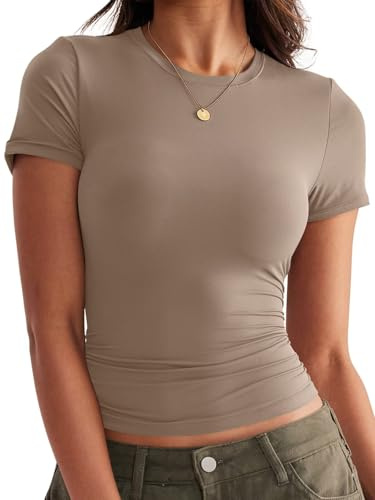 Womens Double Lined Tops Crewneck Short Sleeve Tees Basic Slim Fit T Shirts Y2K Summer Clothes 2024, Khaki, S