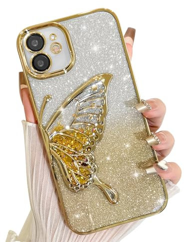 AIGOMARA Glitzer Hülle für iPhone 11 Hülle, 3D Schmetterling Dreidimensional Handyhülle mit funkelnder Treibsand, Bling Farbverlauf Karte, Kameraschutz Transparent Schutzhülle für Frauen, Gold