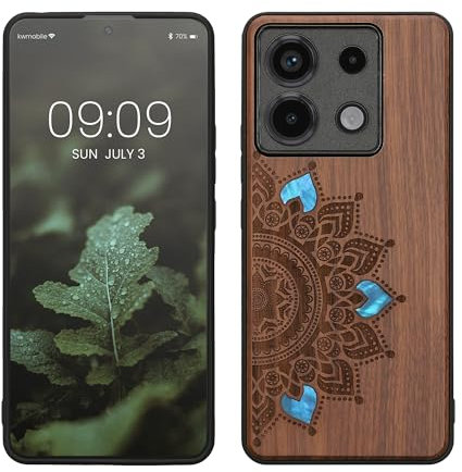 kwmobile Carcasa Compatible con Xiaomi Redmi Note 13 Pro 5G / Poco X6 5G Funda - Funda de Madera de Nogal con Bumper antigolpes - Sol Naciente con nacár