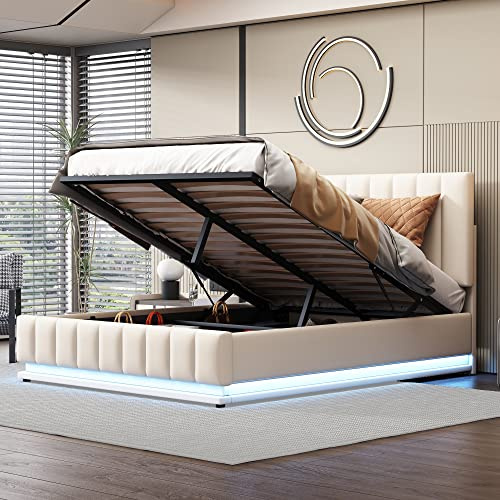Kayan Polsterbett 140x200 mit LED-Beleuchtung, Metalllattenrost & Bettkasten, Doppelbett mit Verstellbares Polsterkopfteil, Stauraumbett Erwachsenen Jugendbett, Kunstleder (Weiß 1, 140 x 200cm)