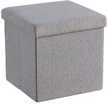 Home Source Folding Ottoman, Boucle Teddy Bear Fabric Storage Square Box, Grey