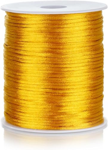 FQTANJU 2mm Nylon Satin Cord, 100 Yards Nylon Cord Satin String for Bracelet Jewelry Making Silky Rattail Macrame Trim Cord Necklace Bulk Beading Thread Kumihimo Chinese Knot Craft (Earthy Yellow)