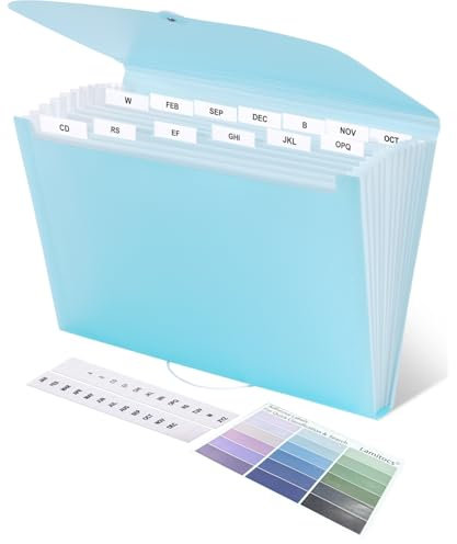 Lamitocs Dokumentenmappe A4, Dateiorganizer mit 13 Fächern und farbigen Etiketten, A4-Kunststoffmappe zur Dokumentenaufbewahrung für Schule, Büro und Zuhause,hellblau