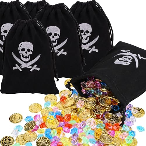 Dncvb 186 Stück Piratenschatz, 6 Piraten Schatzbeutel Kordelzug + 60 Goldmünzen Kinder + 120 Piraten Edelsteine für Kinder, Piratenparty Mitgebsel, Halloween Piraten Deko, Piraten Kindergeburtstag