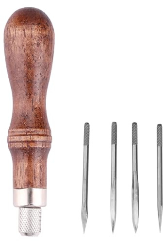 Hapivida Punteruolo con Manico in Legno, 4 Punte Intercambiabil | Manico In Legno per Cuciture Precise, Kit Artigianale per Portafogli Cinture Sacchi Da Boxe