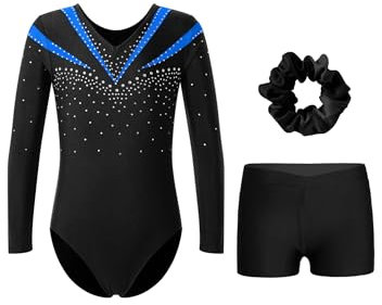 FEESHOW Mädchen Turnanzug Mit Shorts Glitzer Gymnastikbody Langarm Ballett Leotard Tanz Shorts Haargummi Set Wettkampf Tanzkleidung Blau 134-140