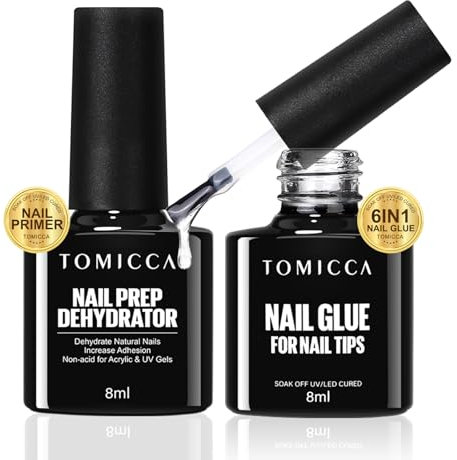 TOMICCA Colle à Faux Ongles et Nail Déshydrateur Set, 6 IN 1 Gummy Base Pose Americaine und Primer Gel, Longue Duré Nail Extend Gel UV/LED Onglerie, 8 ml*2 pcs