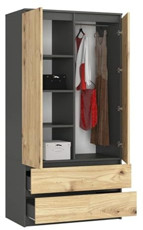BDW Kleiderschränk 2 Türen, 4 Einlegeböden, Kleiderständer, 2 Schubladen, Mehrzweckschrank, Schubladenschrank, Garderobenschrank für Schlafzimmer, Wohnräume, 180x90x51cm, Grau/Eiche Artisan